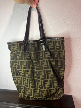Fendi Olive Green and Black Logo Canvas Tote